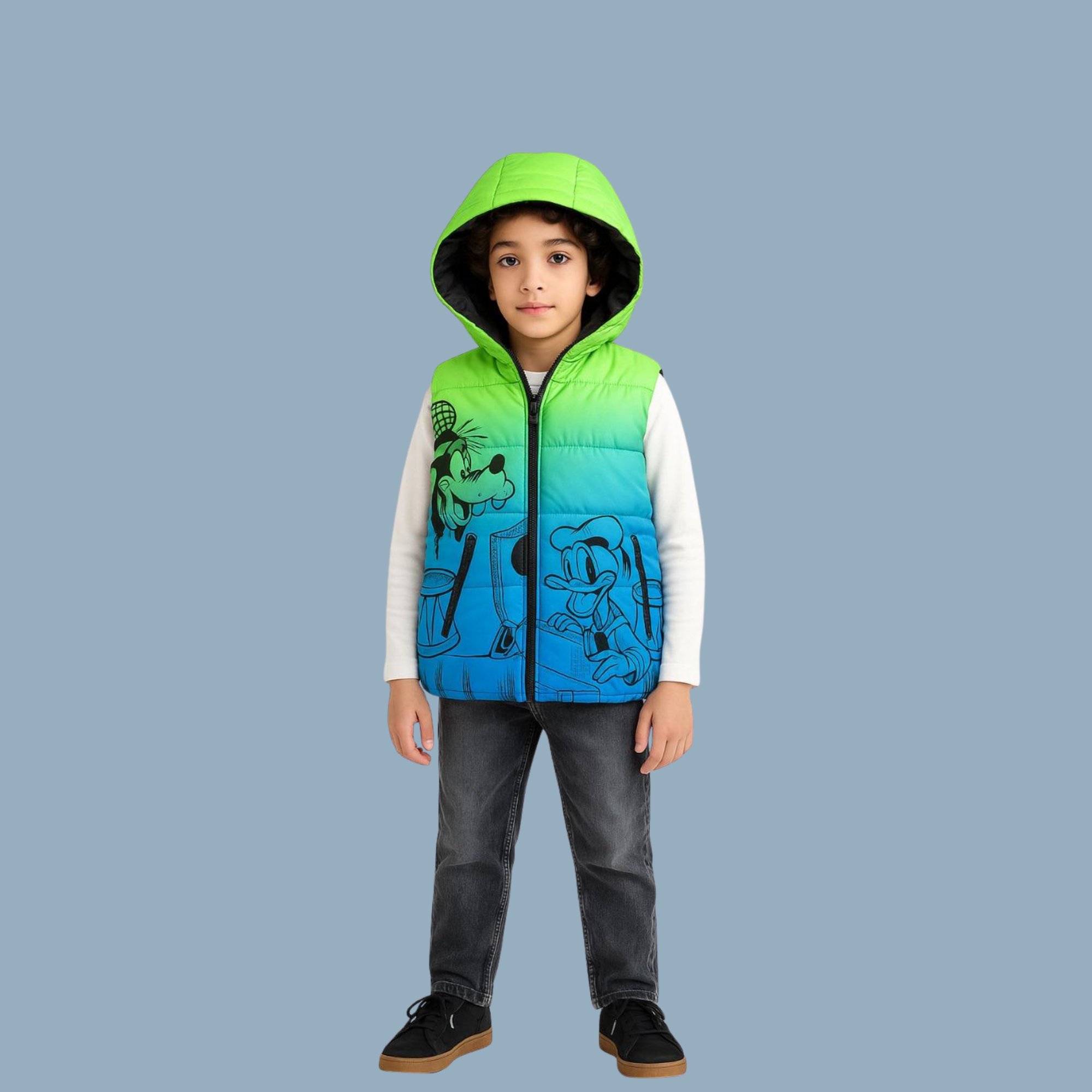 Boys Puffer Vest with Hood - Green to Blue Ombre Cartoon Print Sleeveless Jacket | Mommy Minors